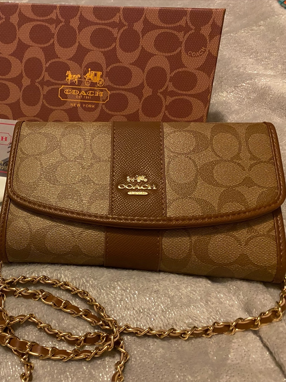 Coach Gold Brown Signature Chain Crossbody Wallet